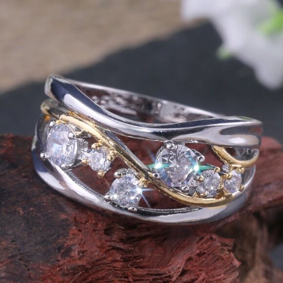 💞 Fashion Trendy Gold Silver Wave Stackable Aesthetic Hollow Ring, VIP427 - Picture 1 of 8